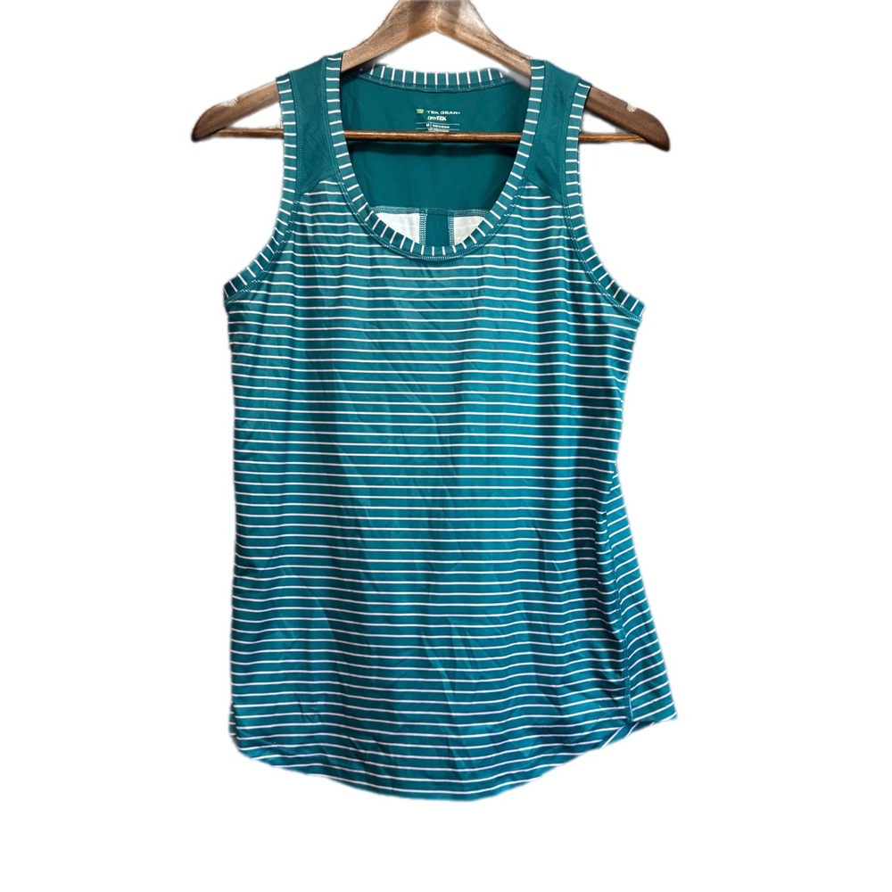 Tek Gear DryTek Tank Top Womens Medium Teal White Striped Excellent Racerback‎